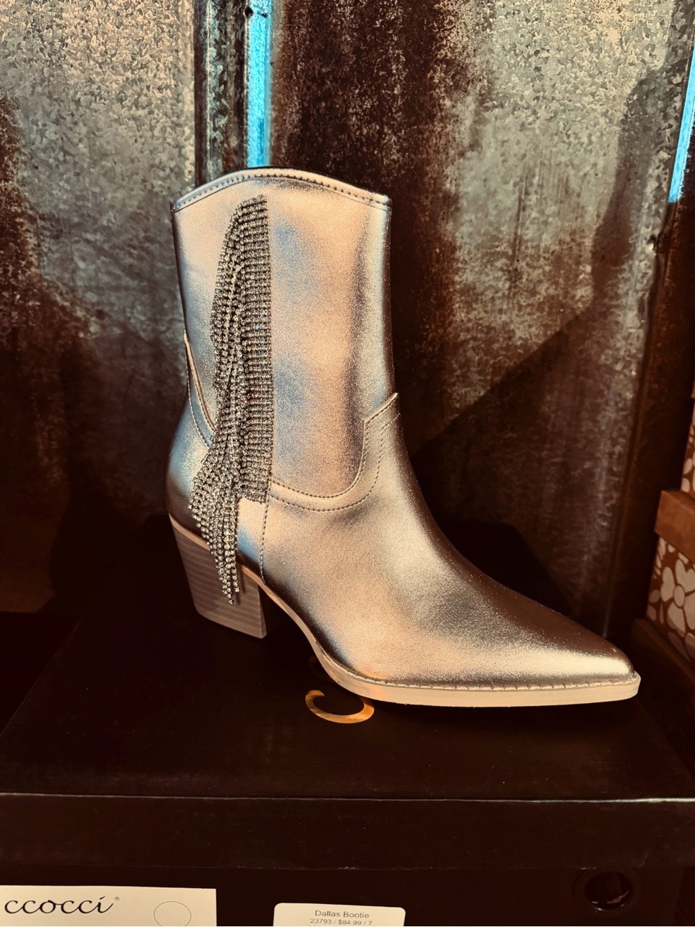 Cococi Silver Metallic Ankle Boot with Crystal Fringe